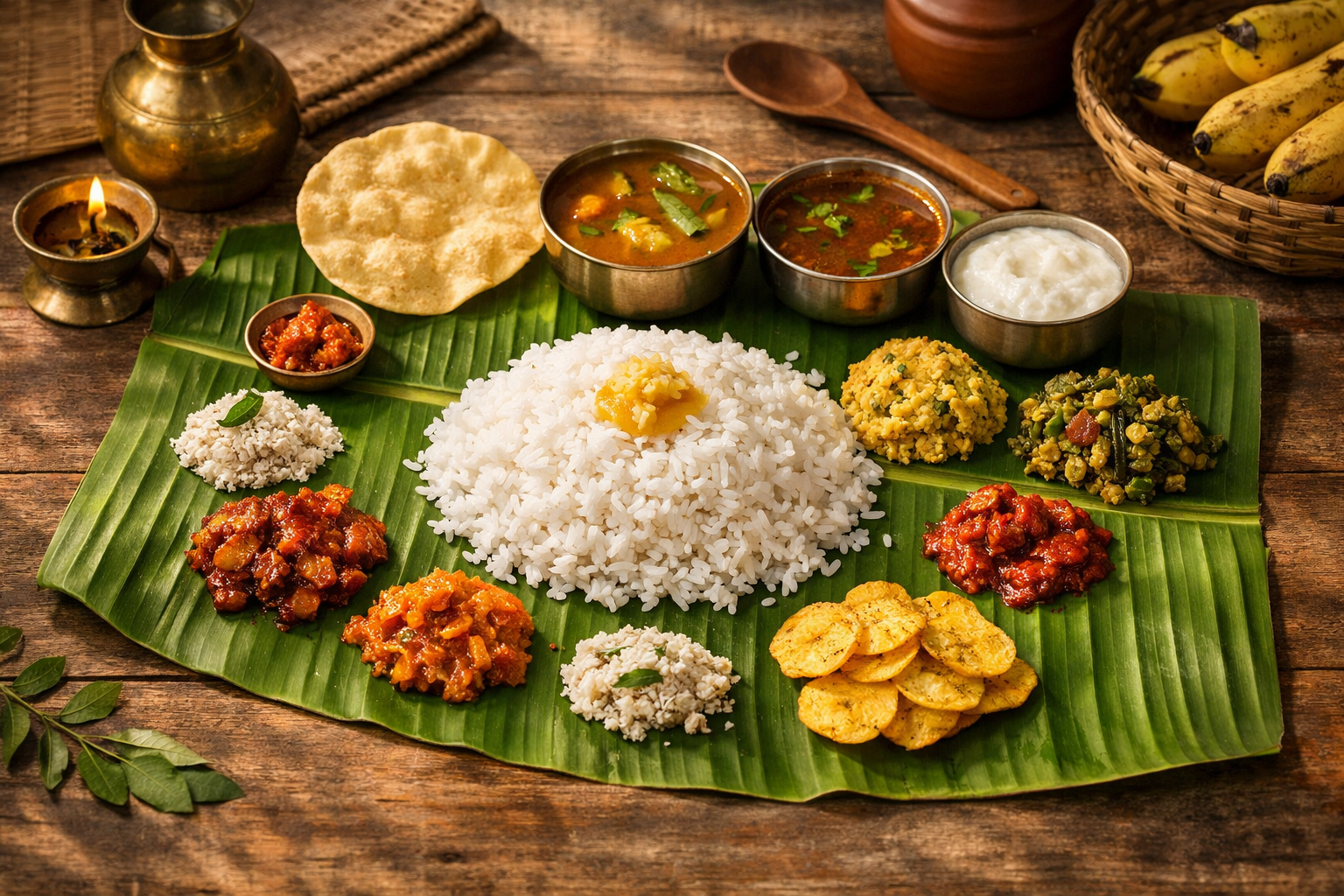 Traditional South Indian vegetarian meal served on banana leaf