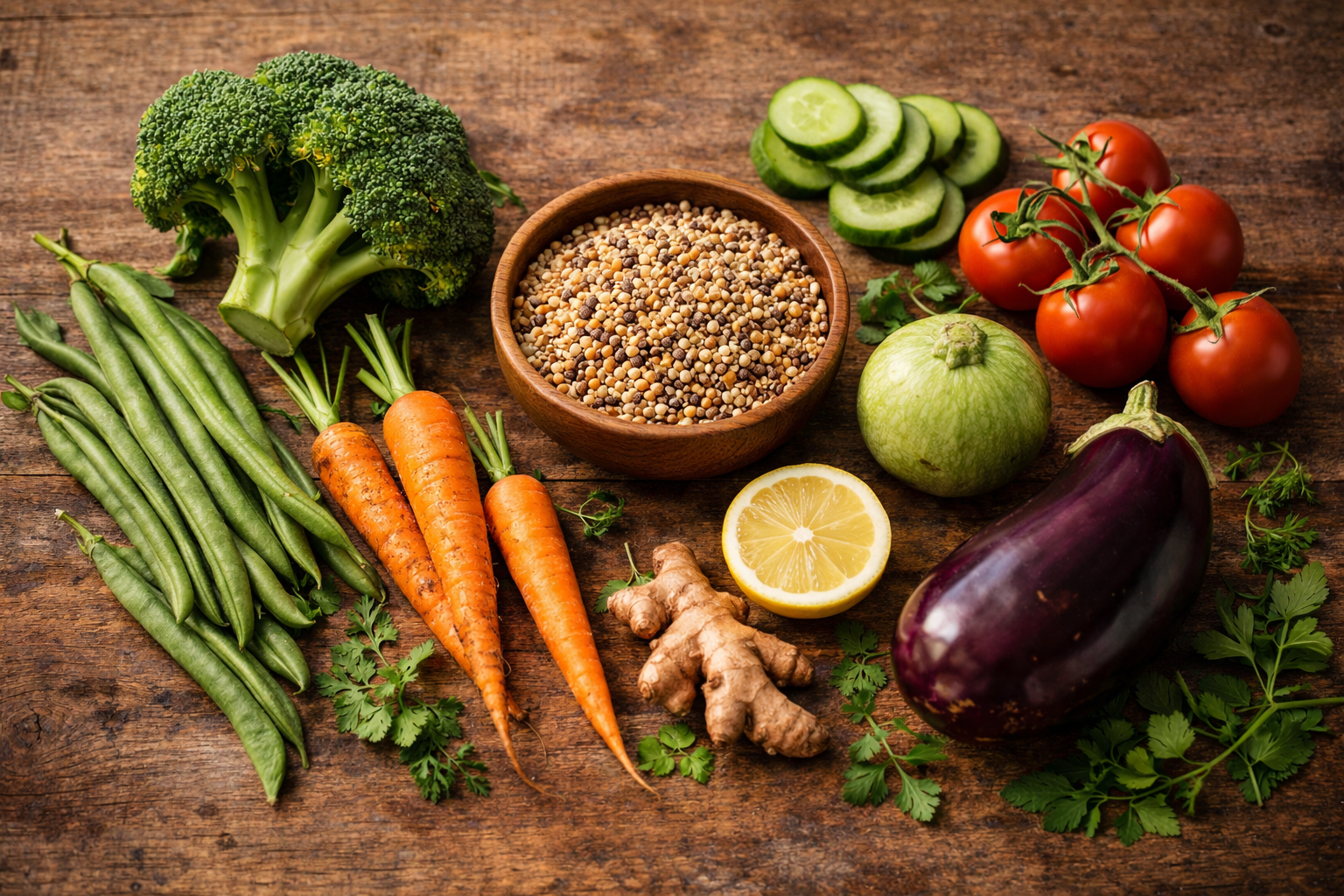 Fresh produce on wooden surface