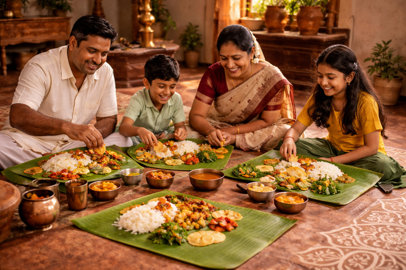 Family enjoying traditional South Indian meal