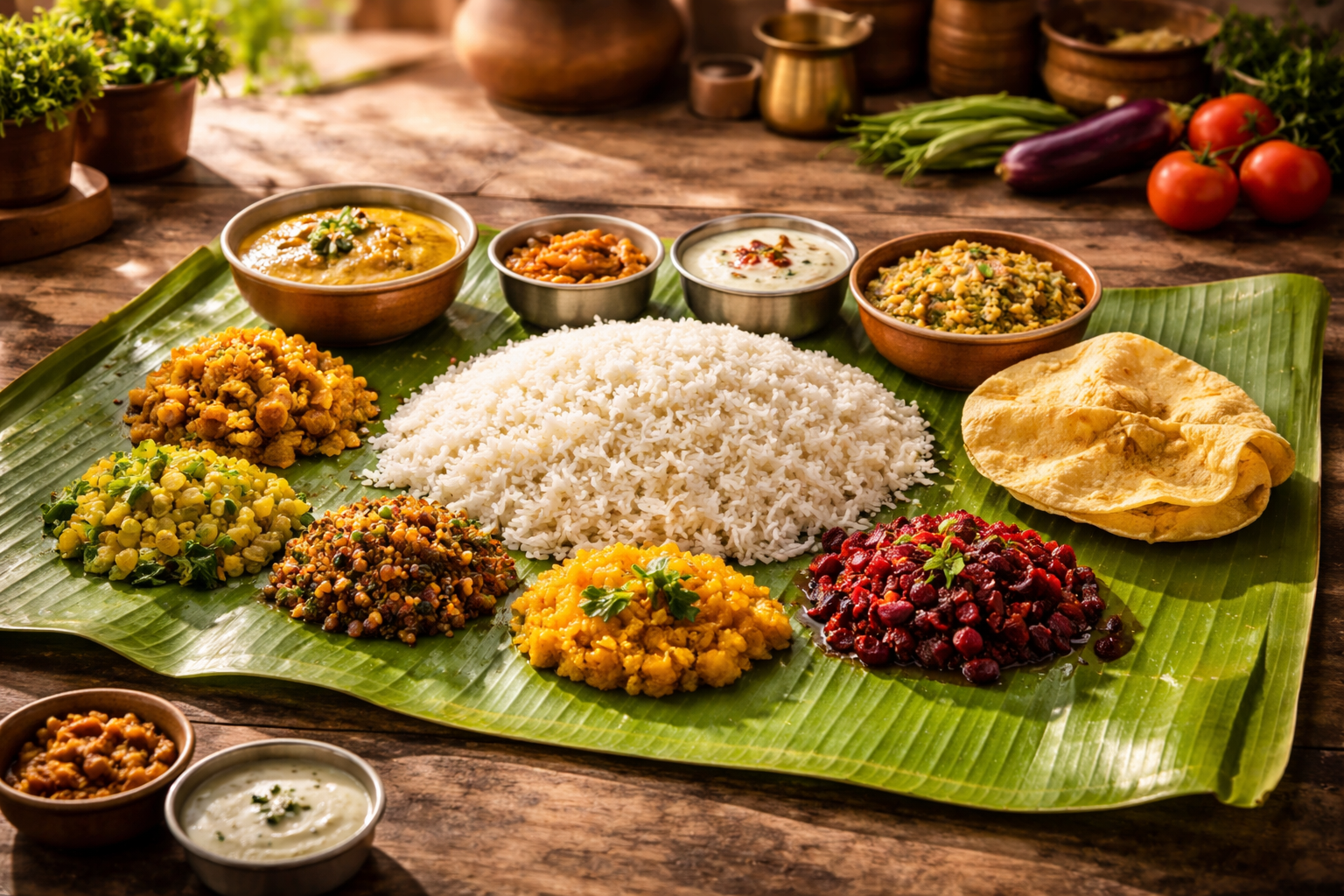 Traditional Tamil vegetarian feast on banana leaf